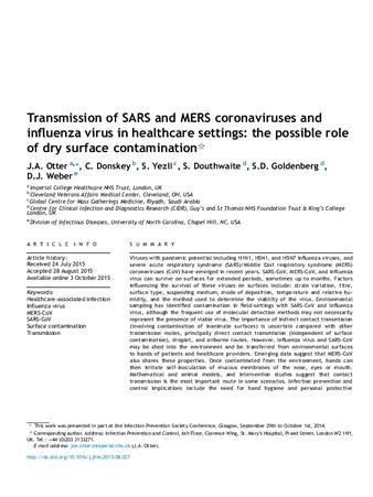 Transmission of SARS and MERS coronaviruses and influenza virus in healthcare settings: the possible role of dry surface contamination thumbnail