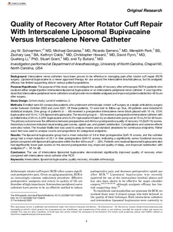 Quality of Recovery After Rotator Cuff Repair With Interscalene Liposomal Bupivacaine Versus Interscalene Nerve Catheter thumbnail