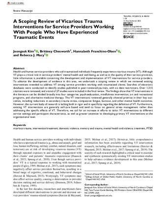 A Scoping Review of Vicarious Trauma Interventions for Service Providers Working With People Who Have Experienced Traumatic Events thumbnail
