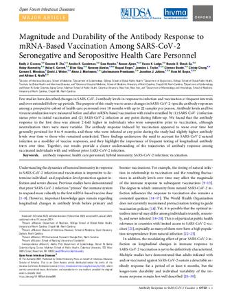 Magnitude and Durability of the Antibody Response to mRNA-Based Vaccination Among SARS-CoV-2 Seronegative and Seropositive Health Care Personnel thumbnail