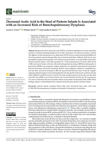 Decreased Acetic Acid in the Stool of Preterm Infants Is Associated with an Increased Risk of Bronchopulmonary Dysplasia thumbnail