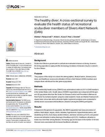 The healthy diver: A cross-sectional survey to evaluate the health status of recreational scuba diver members of Divers Alert Network (DAN) thumbnail