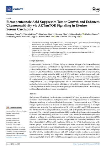 Eicosapentaenoic Acid Suppresses Tumor Growth and Enhances Chemosensitivity via AKT/mTOR Signaling in Uterine Serous Carcinoma thumbnail