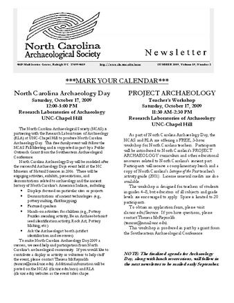 North Carolina Archaeological Society Newsletter Volume 19 Number 2 thumbnail