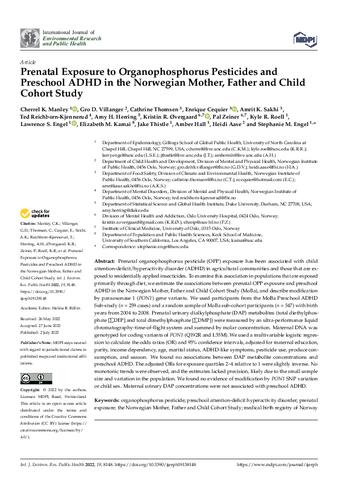 Prenatal Exposure to Organophosphorus Pesticides and Preschool ADHD in the Norwegian Mother, Father and Child Cohort Study thumbnail
