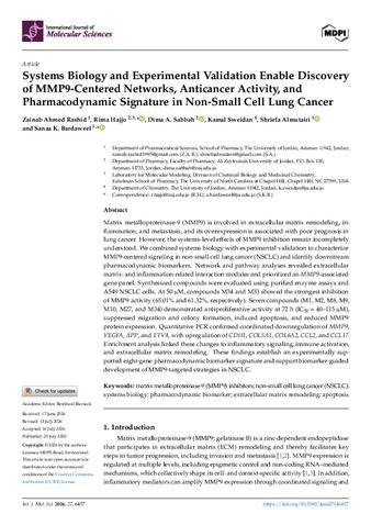 Systems Biology and Experimental Validation Enable Discovery of MMP9-Centered Networks, Anticancer Activity, and Pharmacodynamic Signature in Non-Small Cell Lung Cancer. thumbnail
