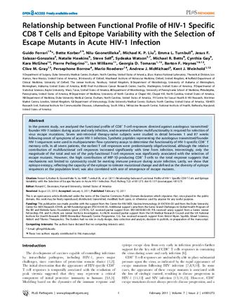 Relationship between Functional Profile of HIV-1 Specific CD8 T Cells and Epitope Variability with the Selection of Escape Mutants in Acute HIV-1 Infection thumbnail