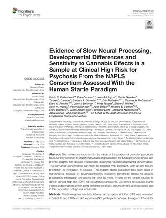 Evidence of Slow Neural Processing, Developmental Differences and Sensitivity to Cannabis Effects in a Sample at Clinical High Risk for Psychosis From the NAPLS Consortium Assessed With the Human Startle Paradigm thumbnail