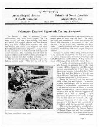 Newsletter of the Archaeological Society of North Carolina Number 94 and Friends of North Carolina Archaeology Inc., Volume 6 number 1 thumbnail