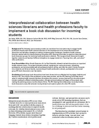 Interprofessional collaboration between health sciences librarians and health professions faculty to implement a book club discussion for incoming students