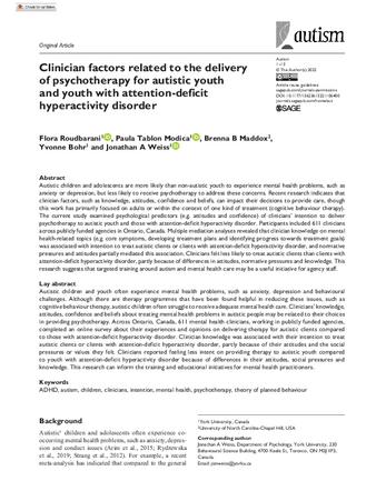 Clinician factors related to the delivery of psychotherapy for autistic youth and youth with attention-deficit hyperactivity disorder thumbnail