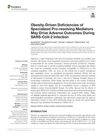 Obesity-Driven Deficiencies of Specialized Pro-resolving Mediators May Drive Adverse Outcomes During SARS-CoV-2 Infection thumbnail