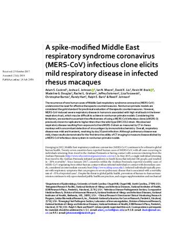 A spike-modified Middle East respiratory syndrome coronavirus (MERS-CoV) infectious clone elicits mild respiratory disease in infected rhesus macaques thumbnail