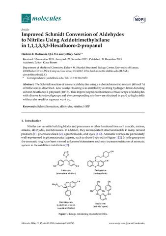 Improved schmidt conversion of aldehydes to nitriles using azidotrimethylsilane in 1,1,1,3,3,3-Hexafluoro-2-Propanol thumbnail