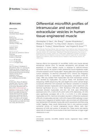 Differential microRNA profiles of intramuscular and secreted extracellular vesicles in human tissue-engineered muscle thumbnail