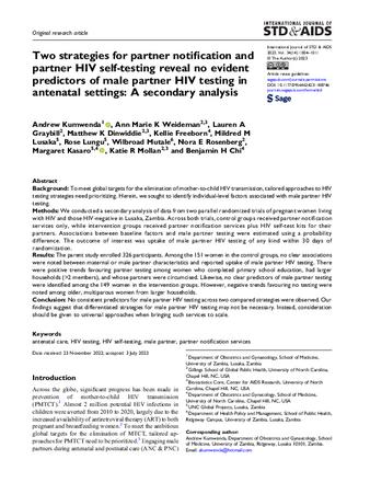 Two strategies for partner notification and partner HIV self-testing reveal no evident predictors of male partner HIV testing in antenatal settings: A secondary analysis thumbnail