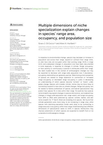 Multiple dimensions of niche specialization explain changes in species’ range area, occupancy, and population size thumbnail