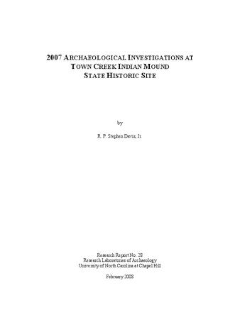 2007 Archaeological Investigations at Town Creek Indian Mound State Historic Site thumbnail