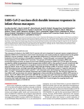 SARS-CoV-2 vaccines elicit durable immune responses in infant rhesus macaques thumbnail
