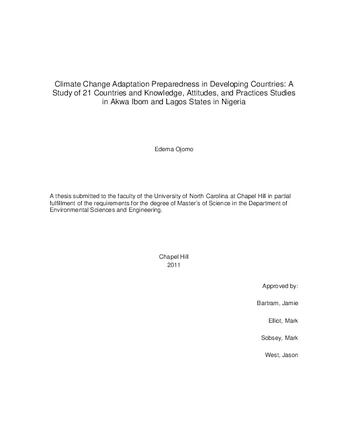 Climate Change Adaptation Preparedness in Developing Countries: A Study of 21 Countries and Knowledge, Attitudes, and Practices Studies in Akwa Ibom and Lagos States in Nigeria thumbnail