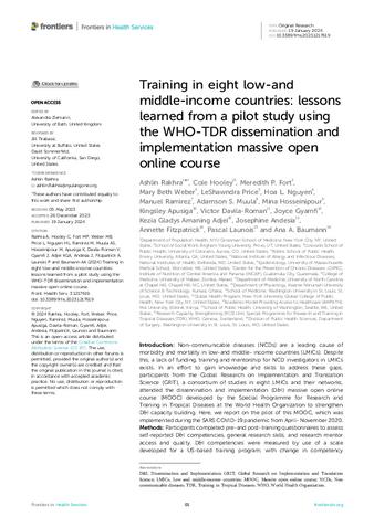 Training in eight low-and middle-income countries: lessons learned from a pilot study using the WHO-TDR dissemination and implementation massive open online course thumbnail