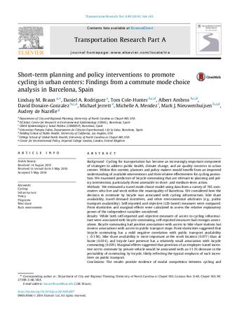 Short-term planning and policy interventions to promote cycling in urban centers: Findings from a commute mode choice analysis in Barcelona, Spain thumbnail