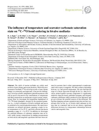 The influence of temperature and seawater carbonate saturation state on 13C-18O bond ordering in bivalve mollusks thumbnail