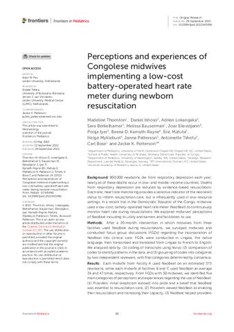 Perceptions and experiences of Congolese midwives implementing a low-cost battery-operated heart rate meter during newborn resuscitation thumbnail