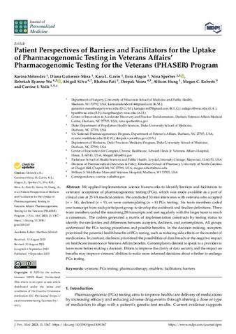 Patient Perspectives of Barriers and Facilitators for the Uptake of Pharmacogenomic Testing in Veterans Affairs’ Pharmacogenomic Testing for the Veterans (PHASER) Program thumbnail