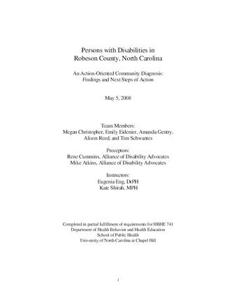Persons with disabilities in Robeson County, North Carolina : an action-oriented community diagnosis : findings and next steps of action thumbnail