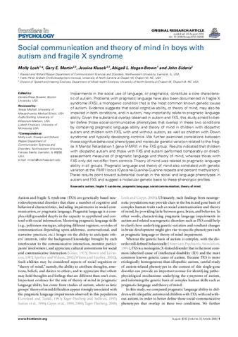 Social Communication and Theory of Mind in Boys with Autism and Fragile X Syndrome thumbnail