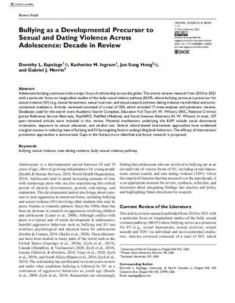Bullying as a Developmental Precursor to Sexual and Dating Violence Across Adolescence: Decade in Review thumbnail