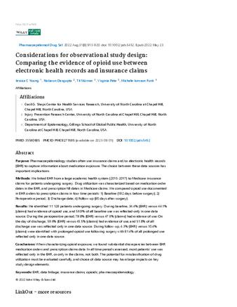Considerations for observational study design: Comparing the evidence of opioid use between electronic health records and insurance claims