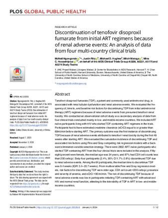 Discontinuation of tenofovir disoproxil fumarate from initial ART regimens because of renal adverse events: An analysis of data from four multi-country clinical trials thumbnail