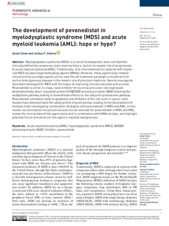 The development of pevonedistat in myelodysplastic syndrome (MDS) and acute myeloid leukemia (AML): hope or hype?