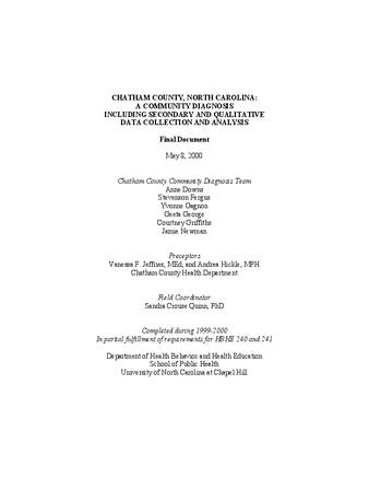 Chatham County, North Carolina : a community diagnosis including secondary and qualitative data collection and analysis thumbnail