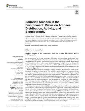 Editorial: Archaea in the Environment: Views on Archaeal Distribution, Activity, and Biogeography thumbnail