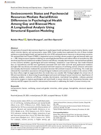 Socioeconomic Status and Psychosocial Resources Mediate Racial/Ethnic Differences in Psychological Health Among Gay and Bisexual Men: A Longitudinal Analysis Using Structural Equation Modeling