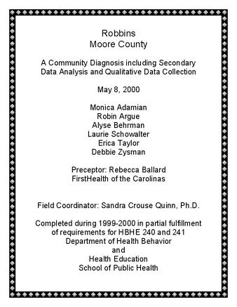 Robbins, Moore County : a community diagnosis including secondary data analysis and qualitative data collection thumbnail
