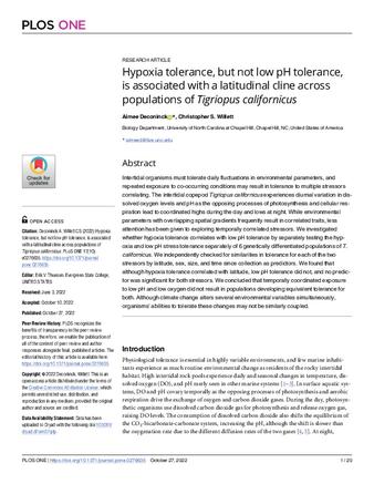 Hypoxia tolerance, but not low pH tolerance, is associated with a latitudinal cline across populations of Tigriopus californicus thumbnail