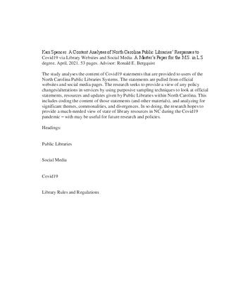  A Content Analyses of North Carolina Public Libraries’ Responses to Covid19 via Library Websites and Social Media. thumbnail