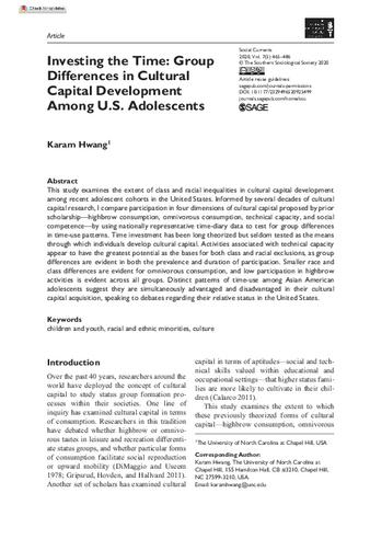 Investing the Time: Group Differences in Cultural Capital Development Among U.S. Adolescents thumbnail