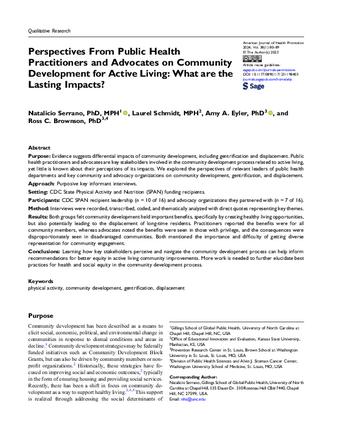 Perspectives From Public Health Practitioners and Advocates on Community Development for Active Living: What are the Lasting Impacts? thumbnail