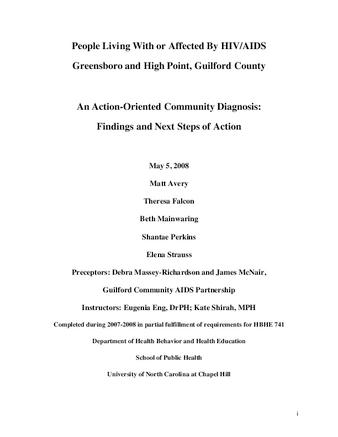 People living with or affected by HIV/AIDS, Greensboro and High Point, Guilford County: an action-oriented community diagnosis: findings and next steps of action thumbnail