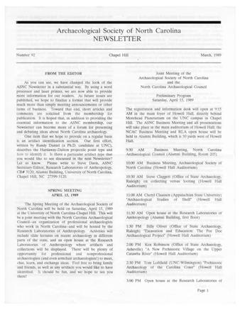 Newsletter of the Archaeological Society of North Carolina Number 92 thumbnail