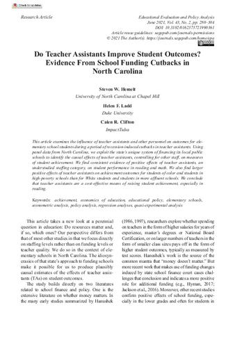 Do Teacher Assistants Improve Student Outcomes? Evidence From School Funding Cutbacks in North Carolina thumbnail