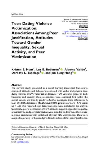 Teen Dating Violence Victimization: Associations Among Peer Justification, Attitudes Toward Gender Inequality, Sexual Activity, and Peer Victimization thumbnail