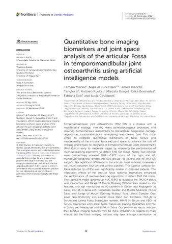 Quantitative bone imaging biomarkers and joint space analysis of the articular Fossa in temporomandibular joint osteoarthritis using artificial intelligence models thumbnail