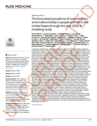 The forecasted prevalence of comorbidities and multimorbidity in people with HIV in the United States through the year 2030: A modeling study thumbnail