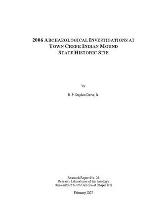 2006 Archaeological Investigations at Town Creek Indian Mound State Historic Site thumbnail